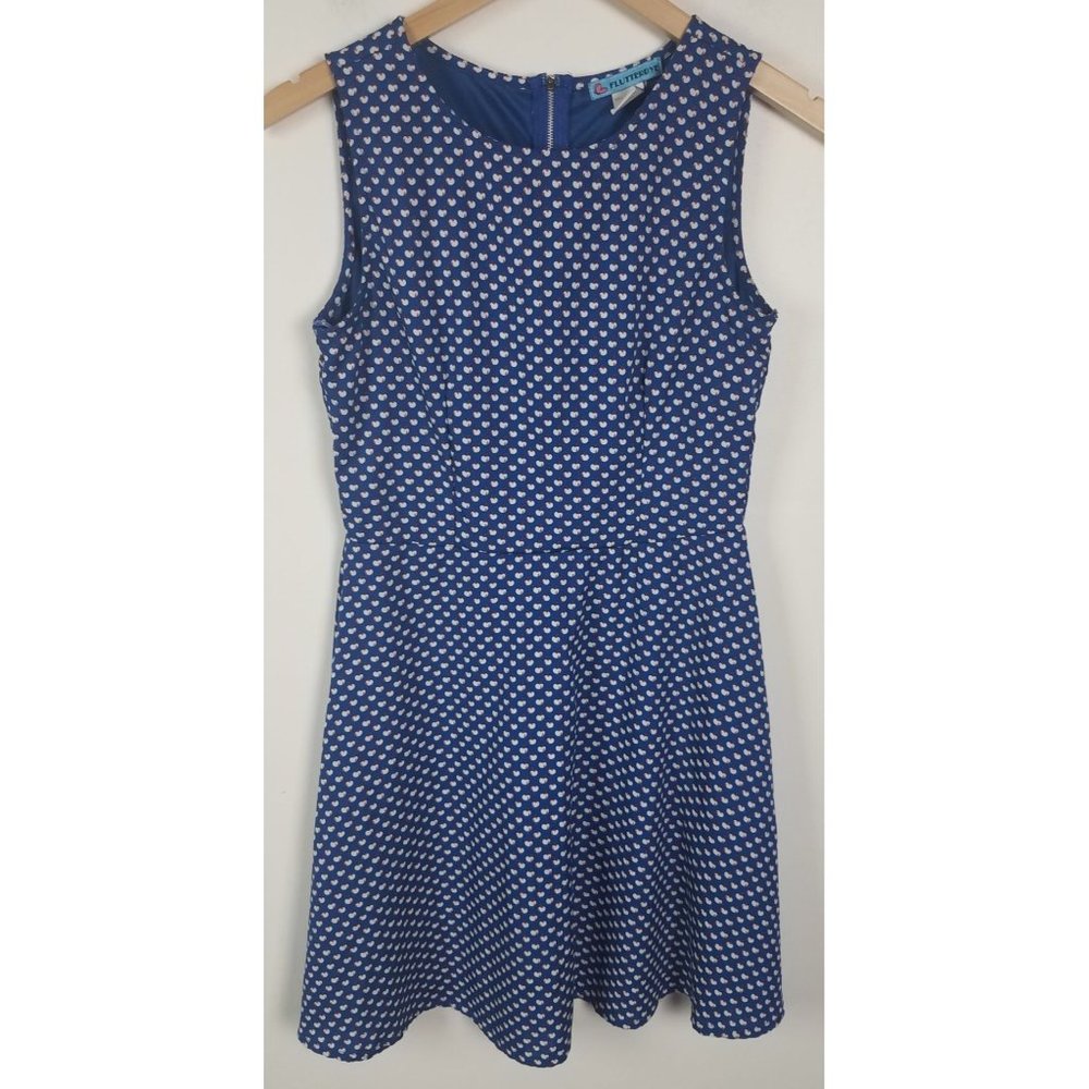 Flutterbye Women's Sz. M Chiffon Blue Sleeveless Apple Print Fit & Flare Dress